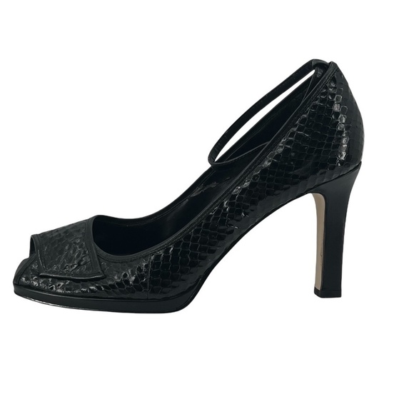 Enzo Angiolino Black Patent Snake Skin Peep Square Toe Heels Size 7 Women’s - Picture 5 of 12